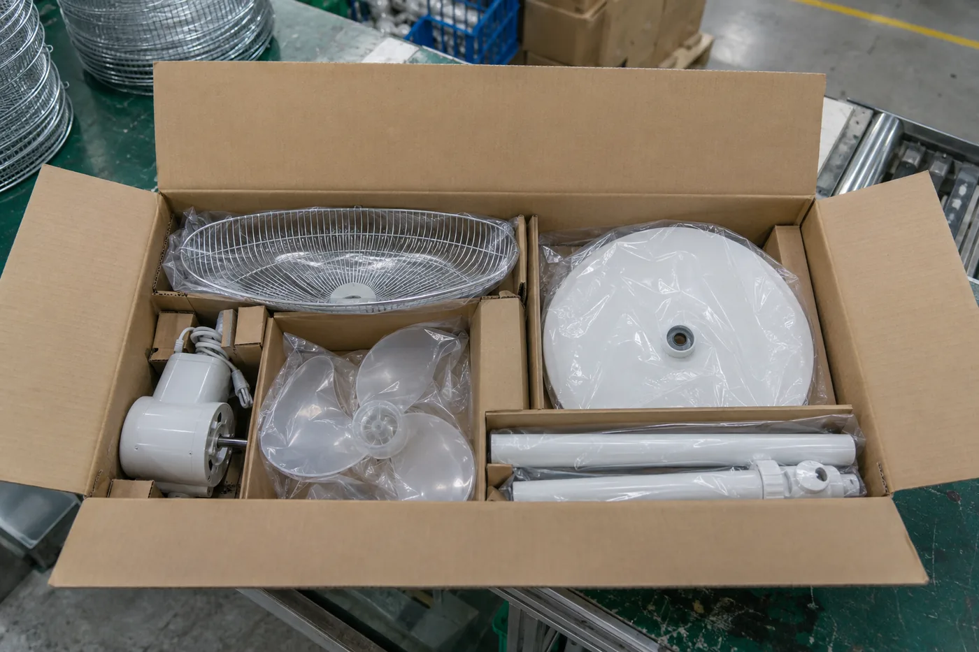 Stand fan kit packed by assembly stage